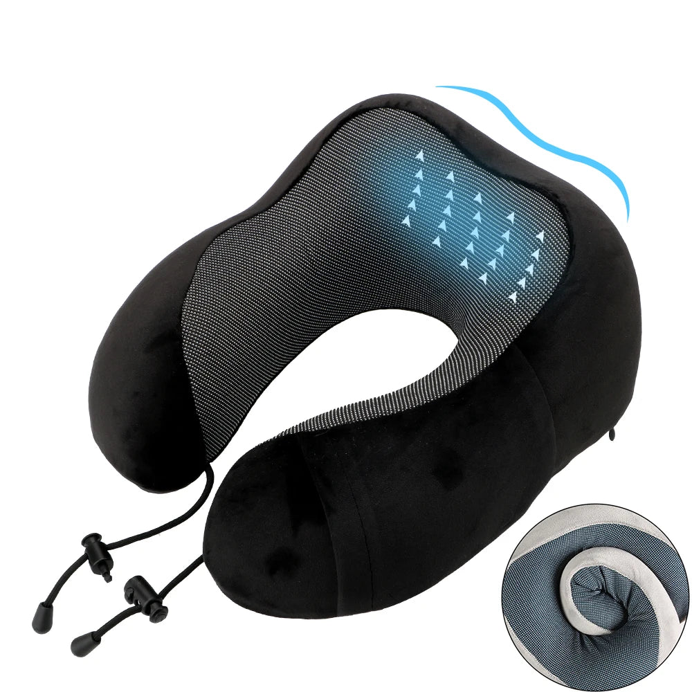 Memory Foam Travel Neck Pillow, U-Shaped 360-Degree Support, 100% Cotton Cover, Airplane Car Office Cushion for Men & Women