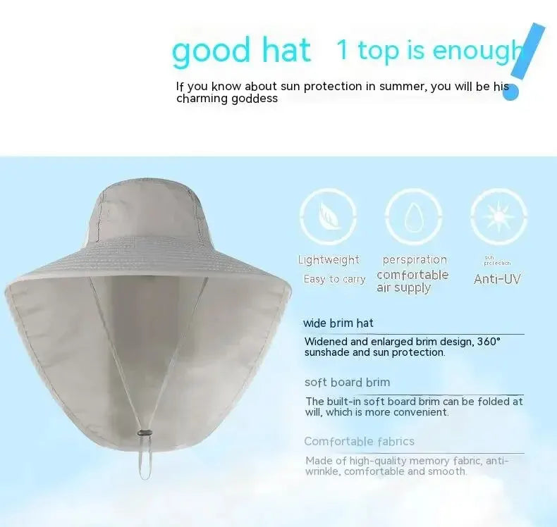 Unisex Wide Brim Sun Hat with Neck Flap, UV Protection Safari Cap, Mesh Panels, Adjustable Chin Strap, Lightweight, Packable