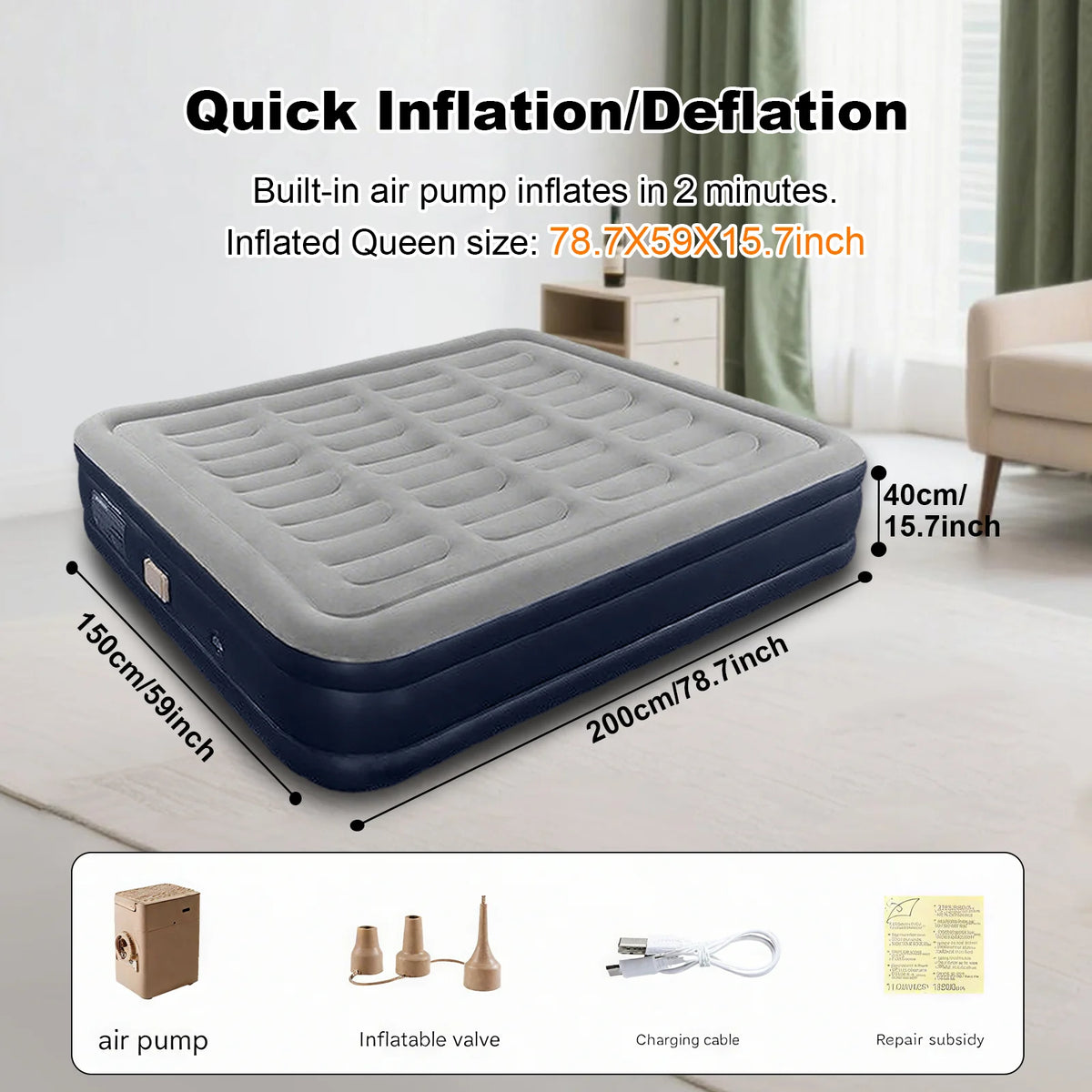 1-2 Person Automatic Inflatable Air Mattress with Built-In Pump, Thick PVC Camping Bed for Indoor Outdoor Use, Portable Sleeping Mat for Travel & Home