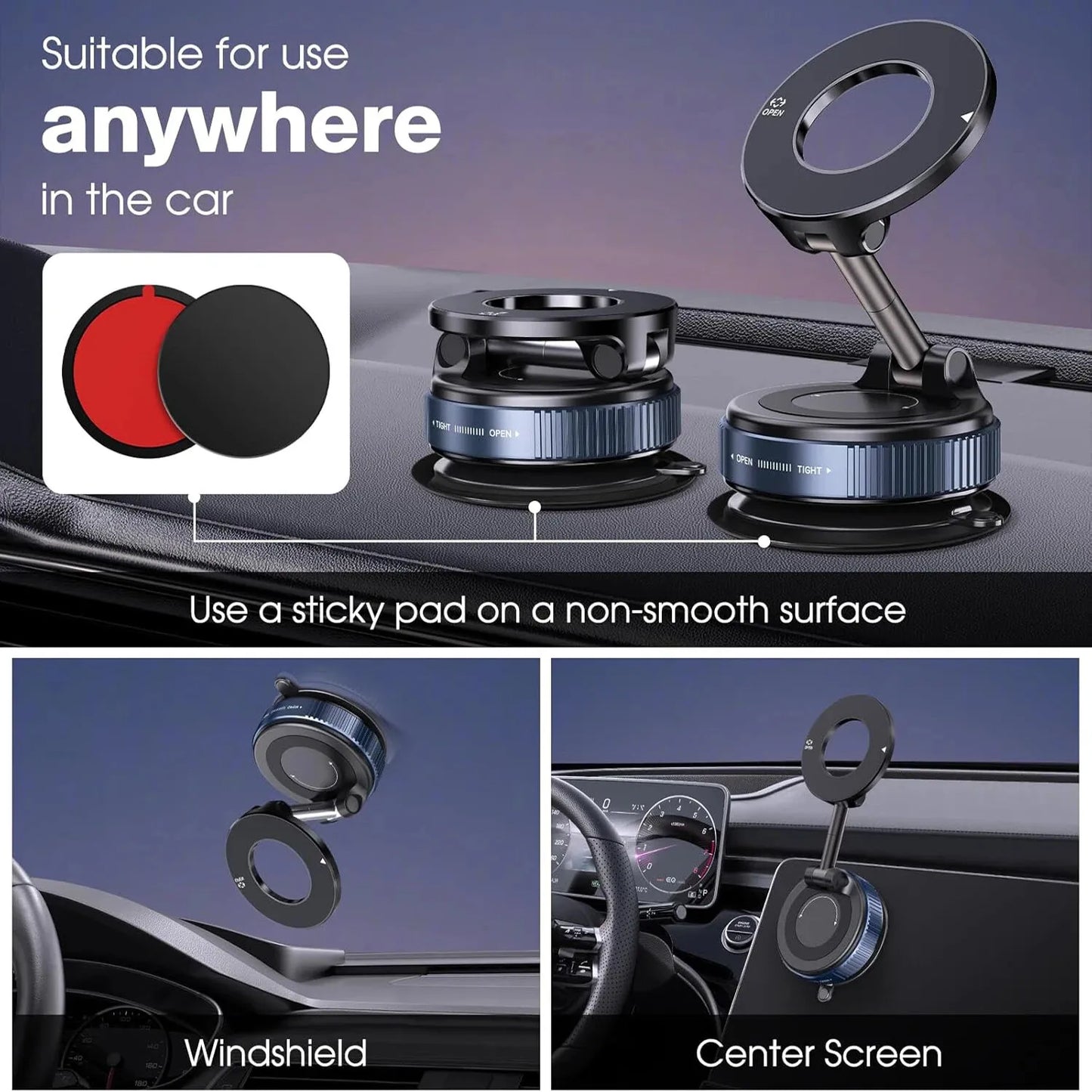 New 360° Rotation Folding Magnetic Car Phone Holder With Vacuum Suction Cup For iPhone 12-16 Series Car/Gym/Driving Phone Holder