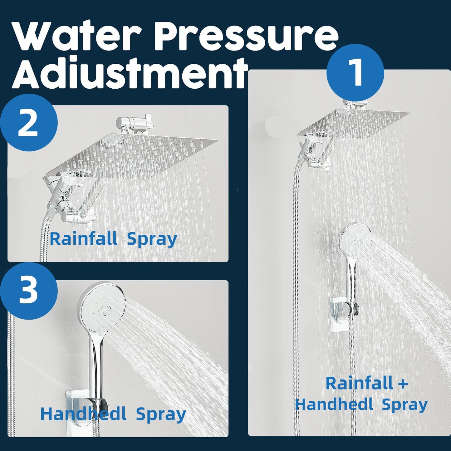 8–12" High Pressure Rain Shower Head, Square Stainless Steel – Adjustable Extension Arm with 3-Way Handheld Spray Combo
