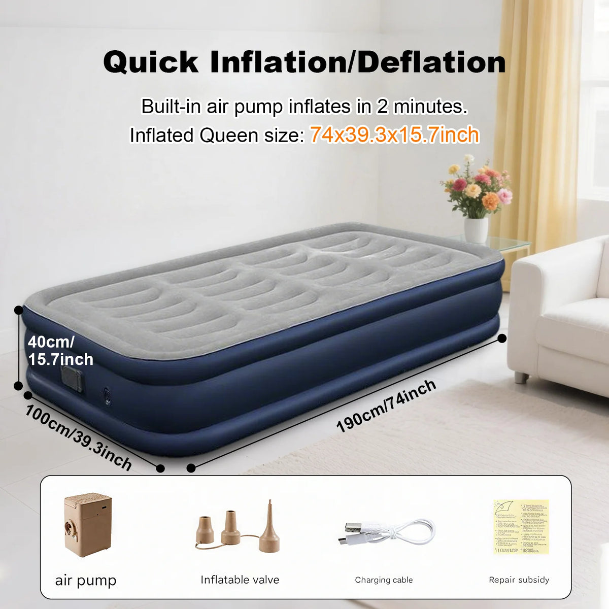 1-2 Person Automatic Inflatable Air Mattress with Built-In Pump, Thick PVC Camping Bed for Indoor Outdoor Use, Portable Sleeping Mat for Travel & Home