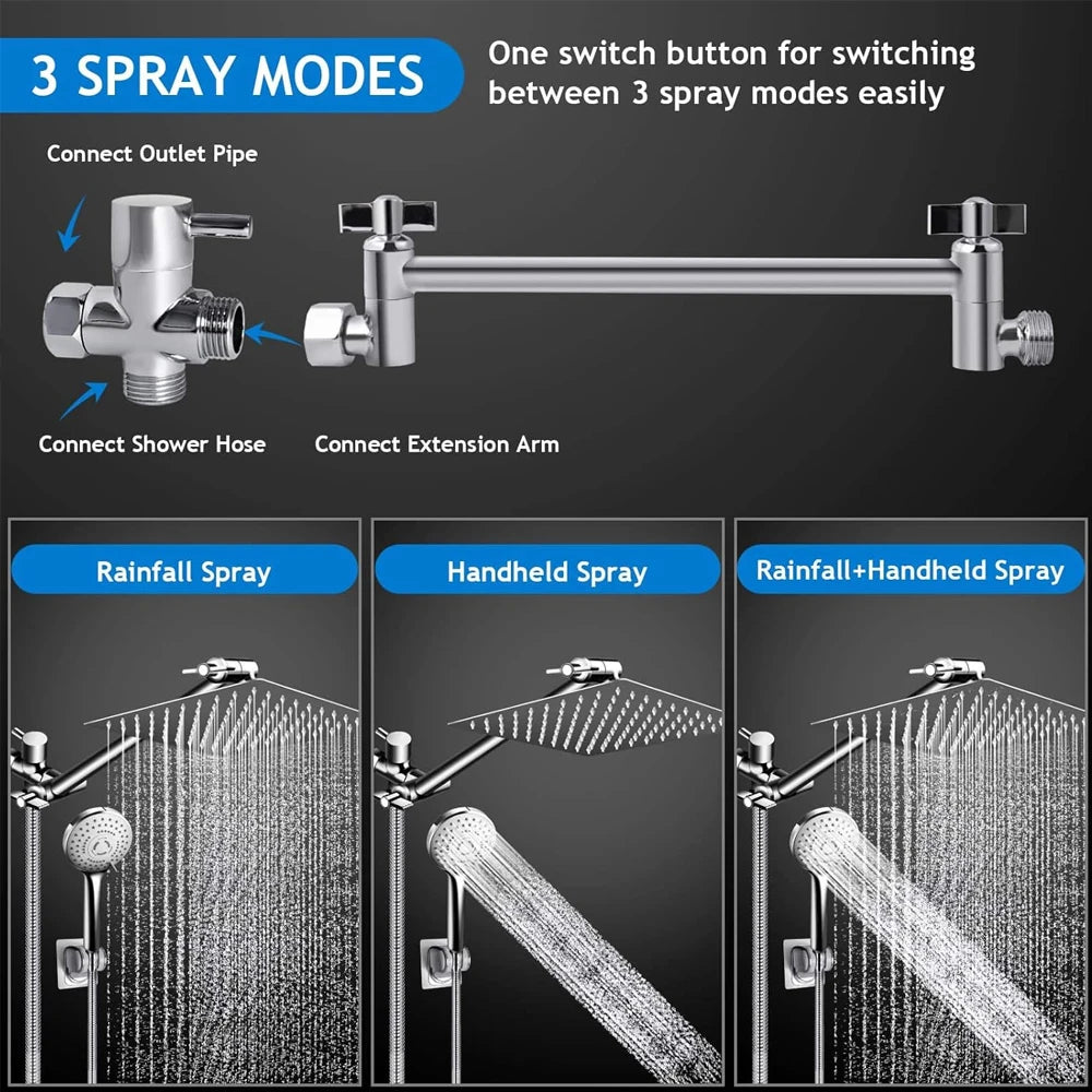8–12" High Pressure Rain Shower Head, Square Stainless Steel – Adjustable Extension Arm with 3-Way Handheld Spray Combo
