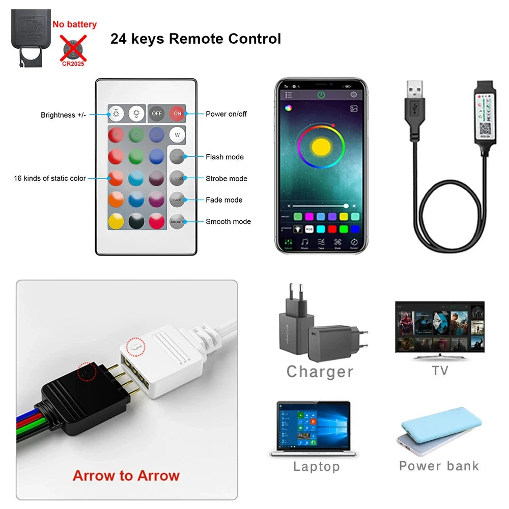 Bluetooth LED Strip Lights 5050 RGB, App + Remote Control, 16.4ft (5m) Flexible LED Tape for TV Backlight, Bedroom, Gaming Room, Home Decor, Dimmable, Timer