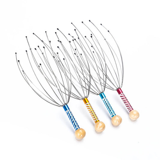 Octopus Head Massager, Manual Scalp Scratcher, Stainless Steel Claws, Wood Handle, Stress Relief, Non-Electric, Random Color