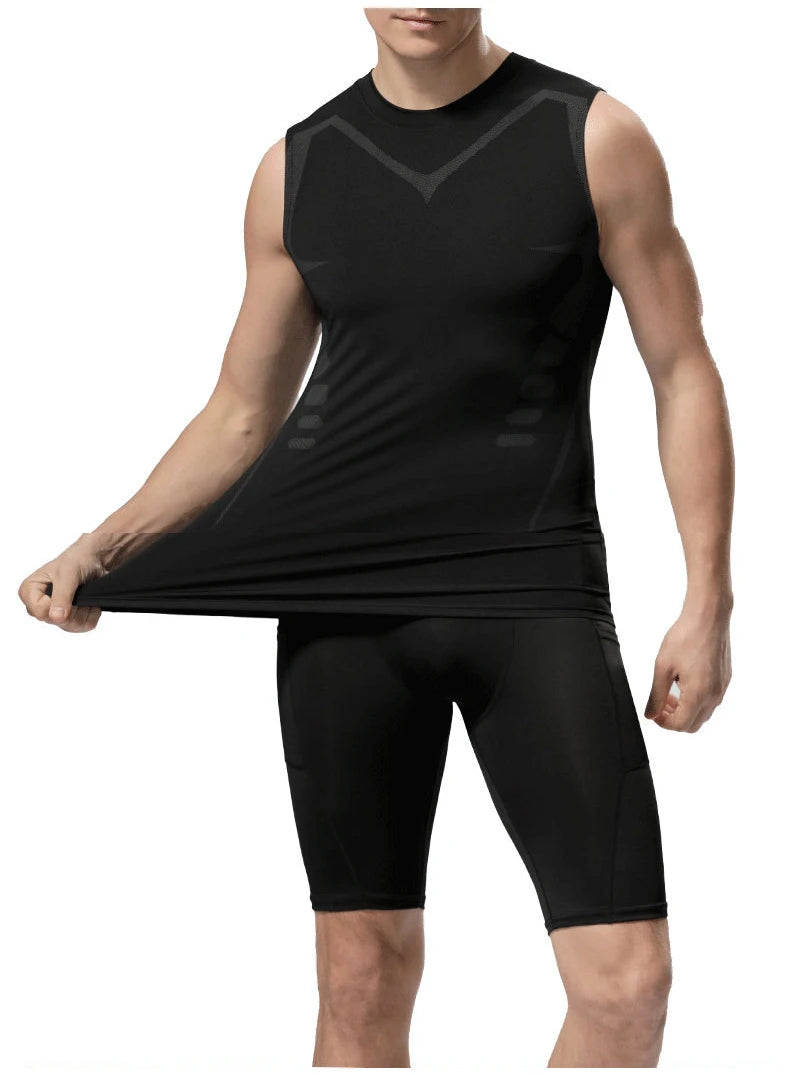 Men's Black Sci-Fi Print Tank Top, Quick-Dry Round Neck Sleeveless Athletic Vest for Gym & Beach