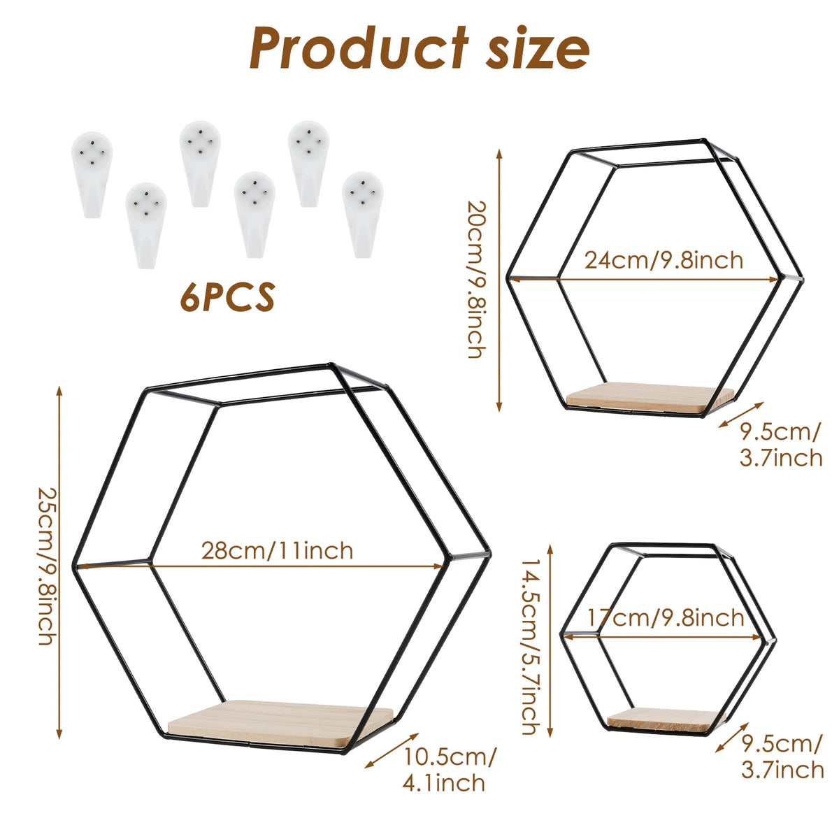 Wall Mounted Hexagonal Floating Shelves – Set of 3 Stainless Steel & Wood Display Racks for Living Room, Bedroom, Office