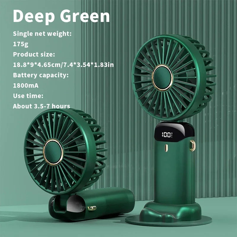 Handheld Mini Fan 3000mAh, Foldable 5-Speed USB Rechargeable, Neck-Hanging/Desk, Phone Stand & LED Display