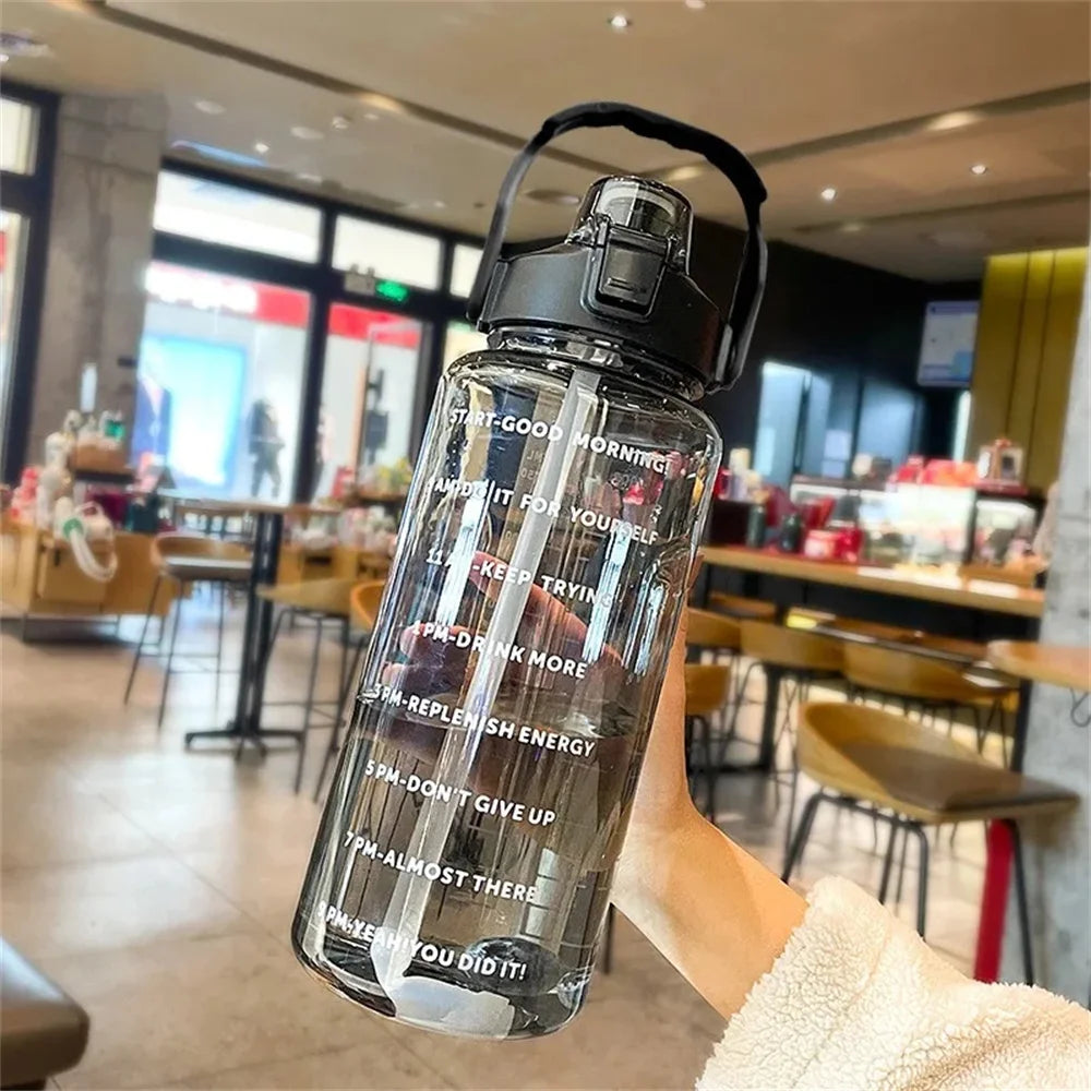 2L Water Bottle with Time Marker, Leak-Proof, Non-Slip, Portable Plastic Fitness Cup for Travel with Cute Stickers