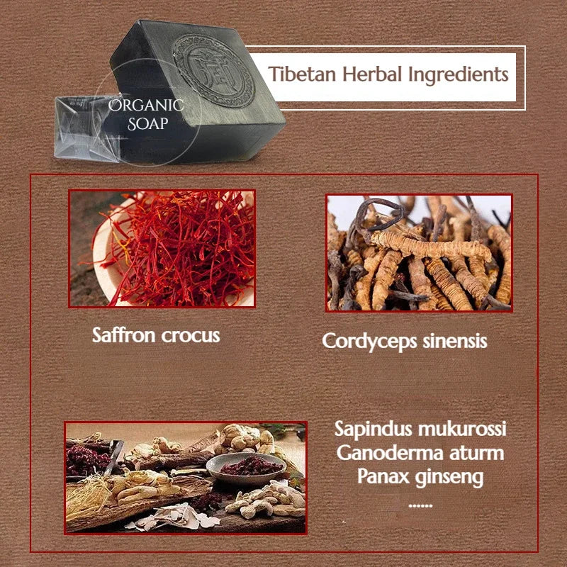 Tibetan Herbal Black Soap – Handmade Natural Face & Body Bar with Ginseng, Saffron & Blue Lotus, Anti-Acne & Moisturizing
