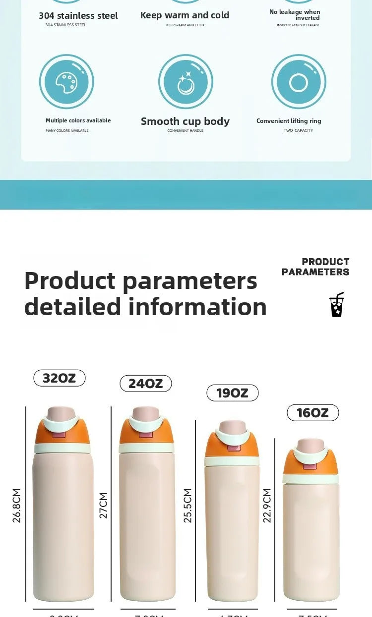 304 Stainless Steel Insulated Water Bottle with Straw, Leakproof