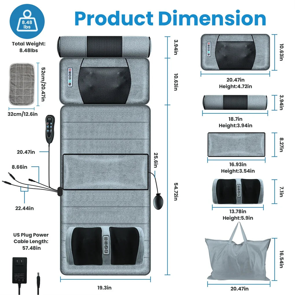 Full Body Massage Mat with Heat – Electric Vibration Pad for Back, Neck, Foot & Lumbar Support, Foldable Cushion Mattress with Detachable Massagers & Timer