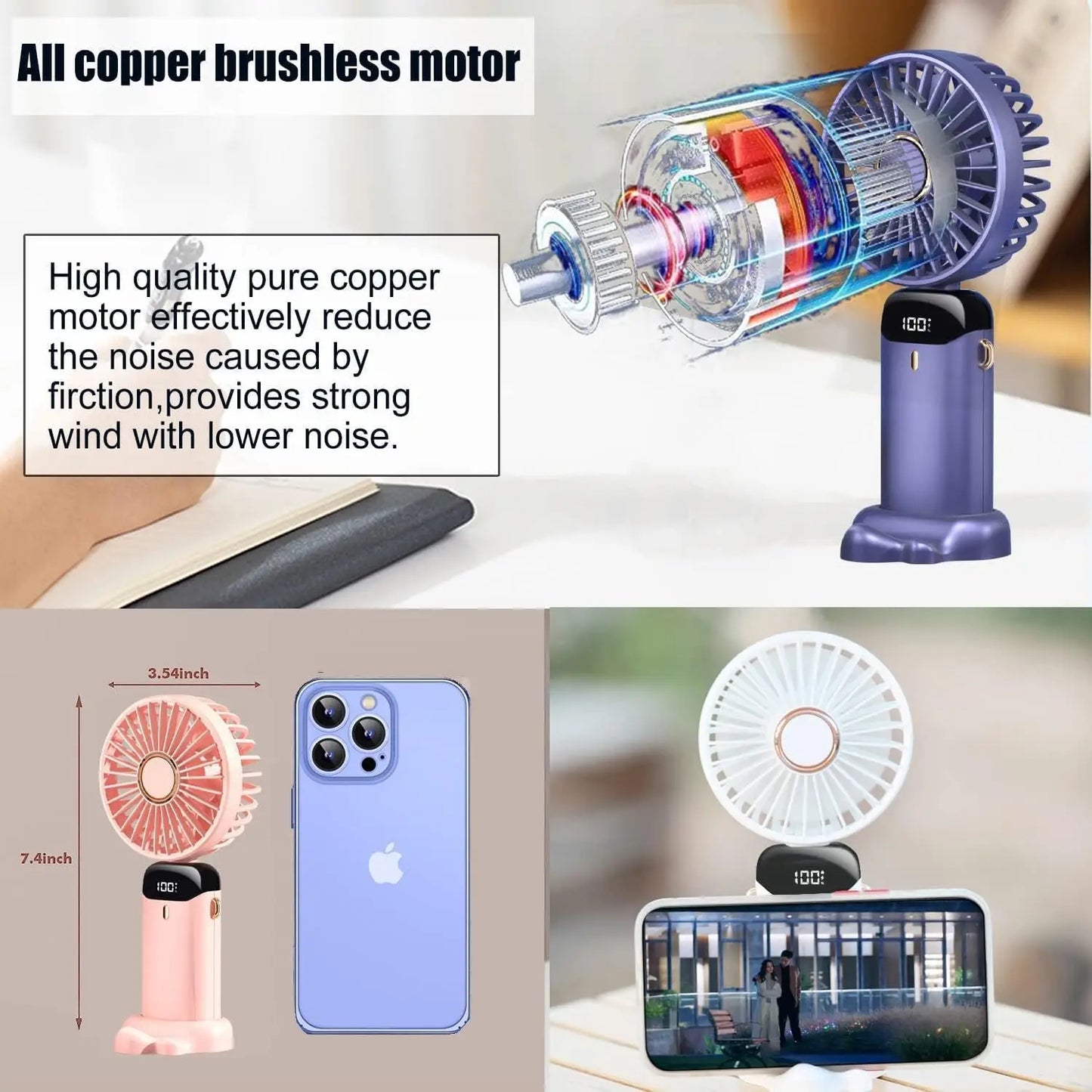 Handheld Mini Fan 3000mAh, Foldable 5-Speed USB Rechargeable, Neck-Hanging/Desk, Phone Stand & LED Display