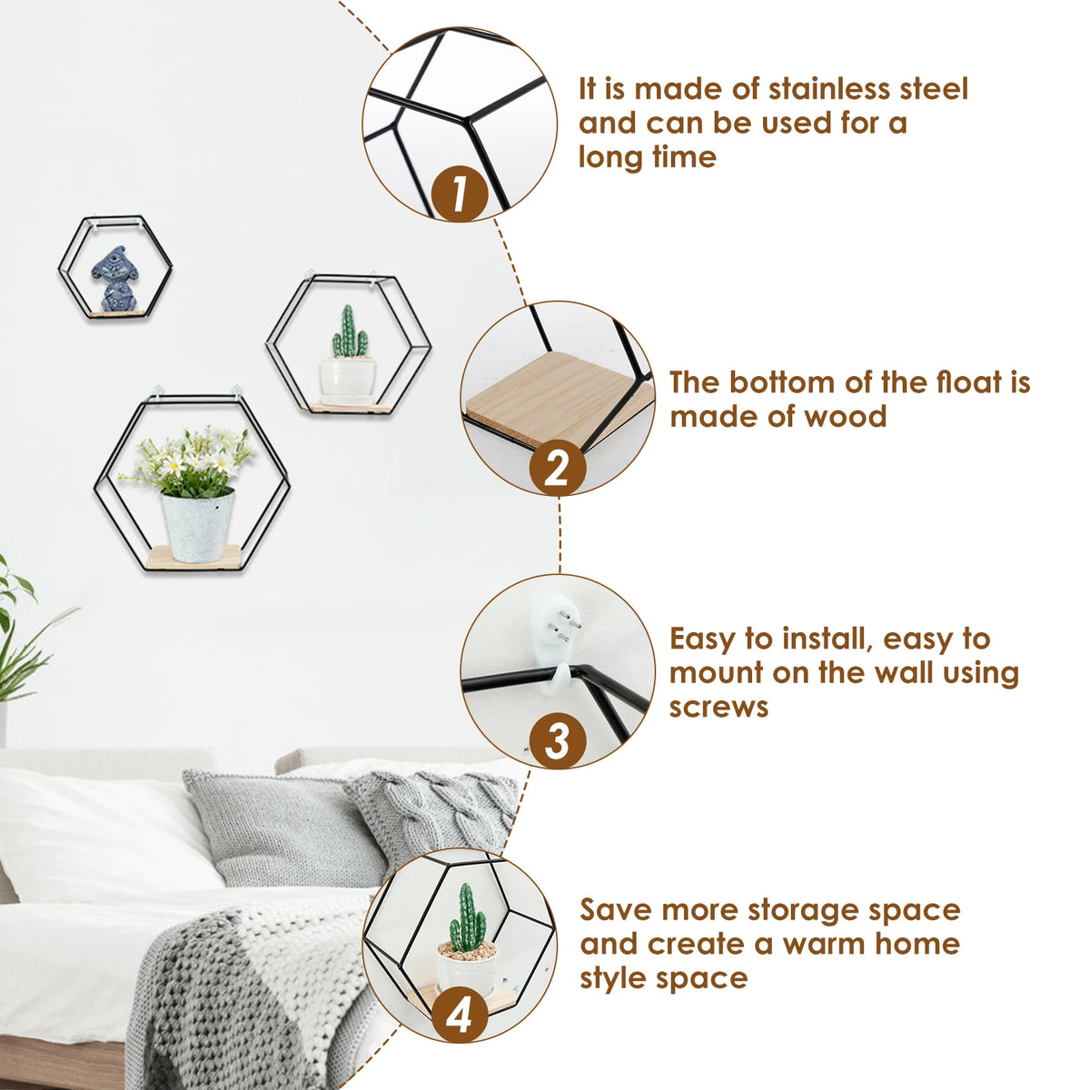 Wall Mounted Hexagonal Floating Shelves – Set of 3 Stainless Steel & Wood Display Racks for Living Room, Bedroom, Office